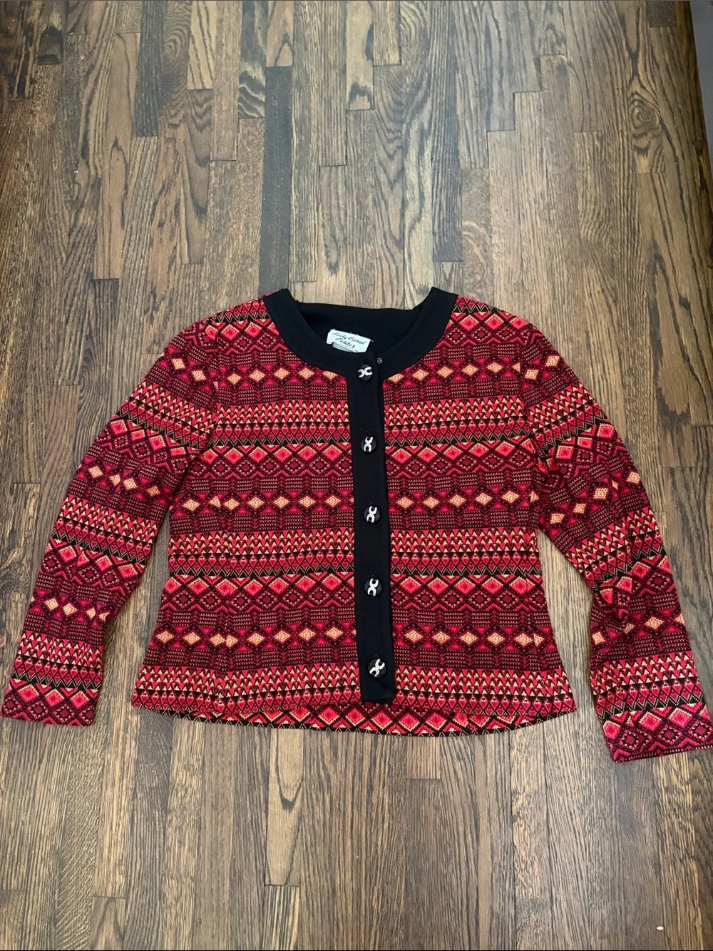 Red Geometric Knit Cardigan with Black Trim